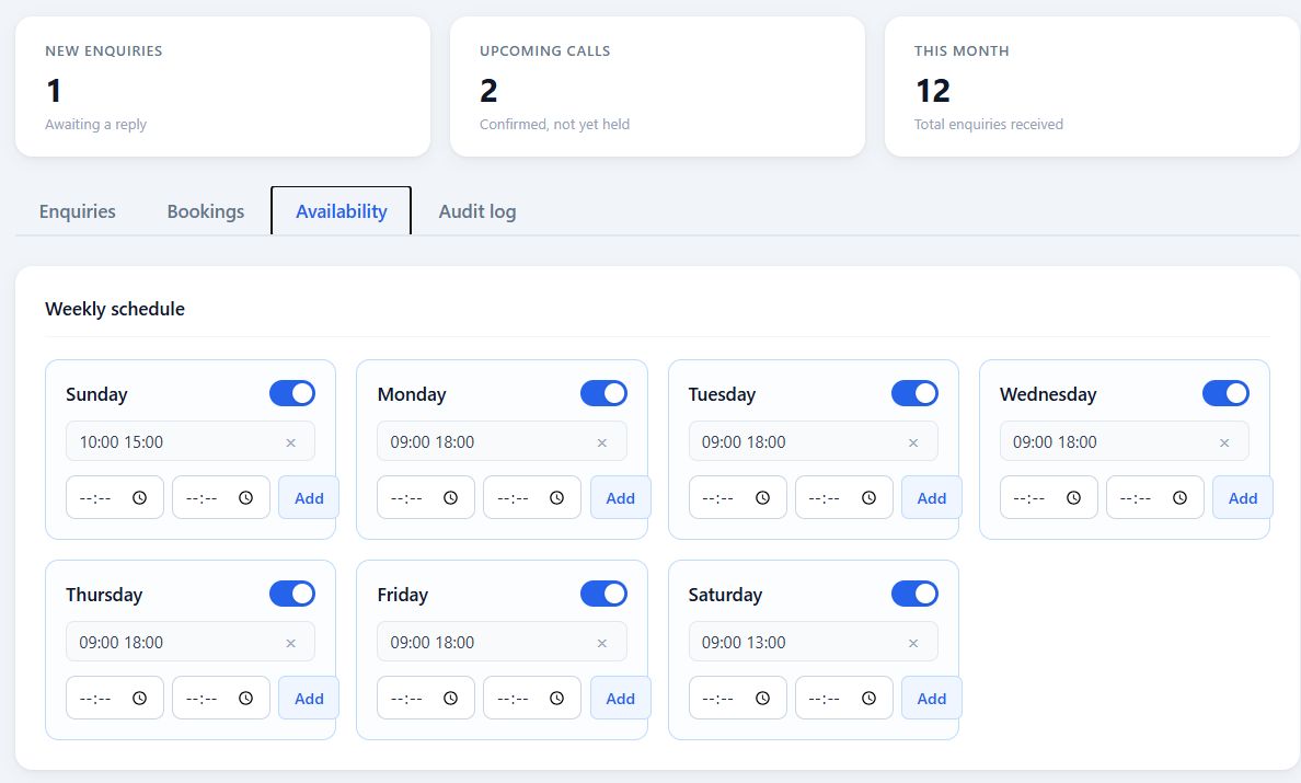 Admin dashboard — enquiries overview