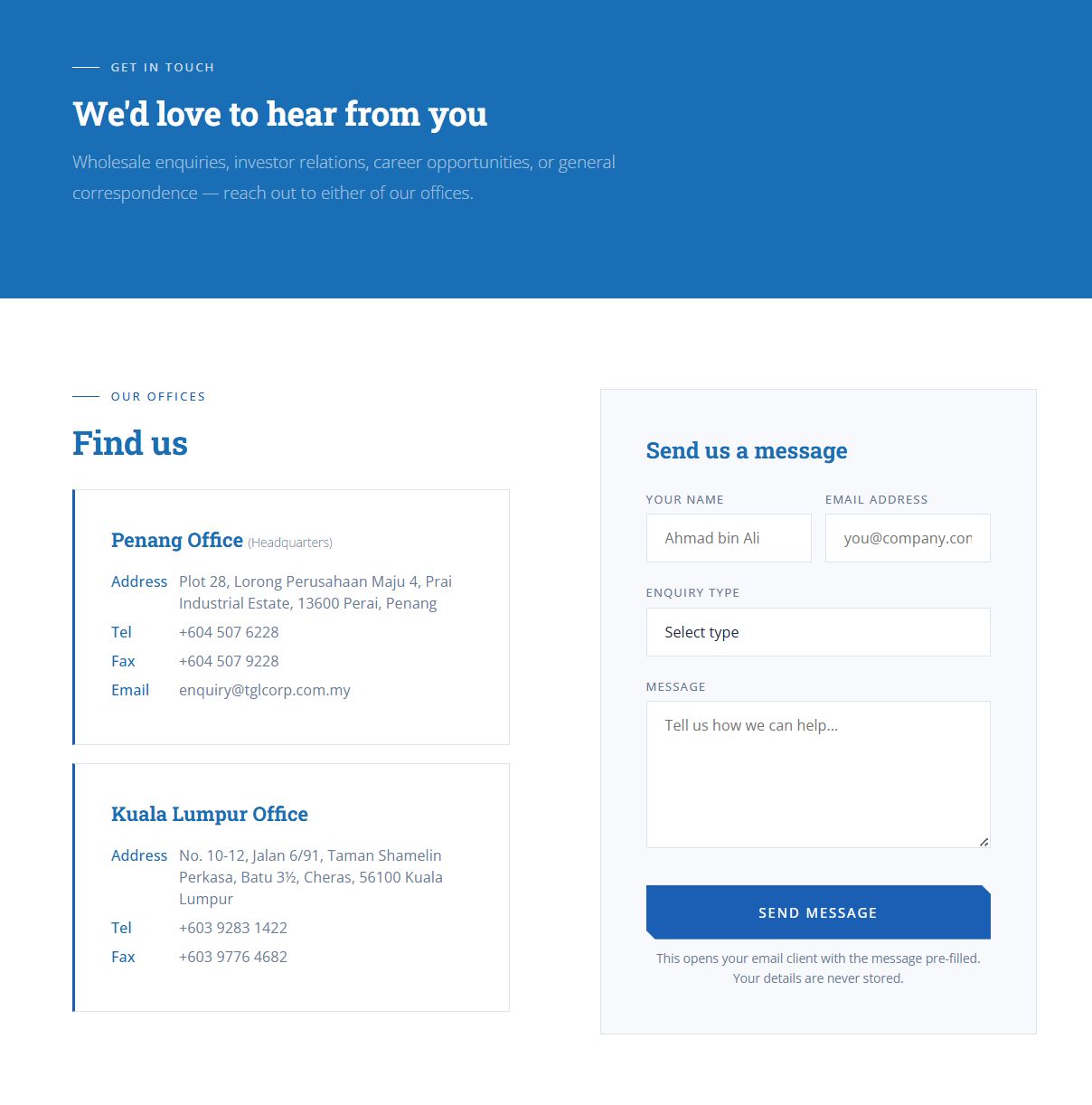 TGL Corp — contact page